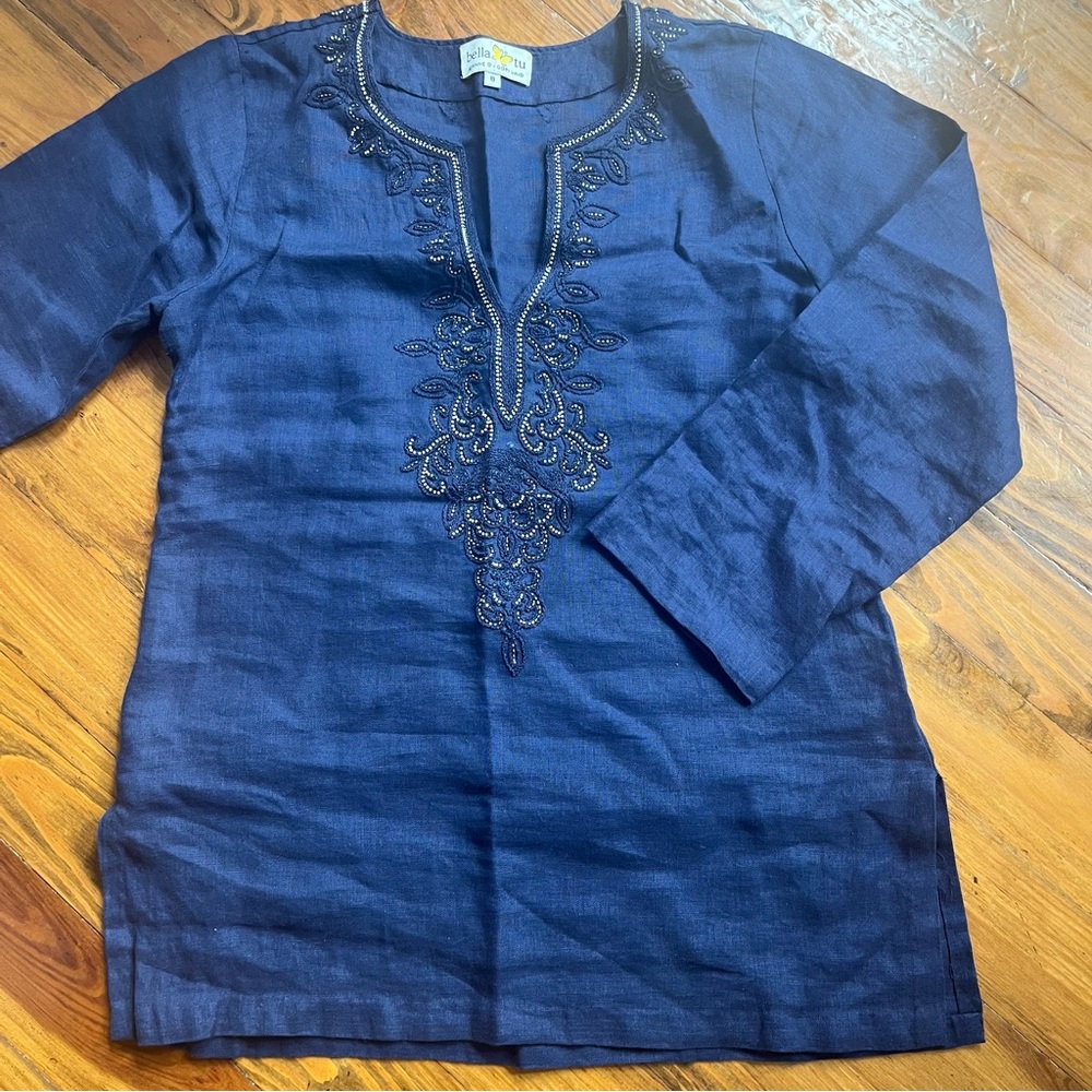 Bella Tu 100% Linen Beaded Embroidered Navy Tunic Top Size 8